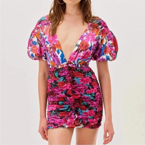 For Love & Lemons Cassandra floral satin ruched mini dress